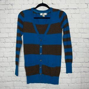 Decree Y2K Blue Brown Striped Button Front Lightweight Boyfriend Cardigan Size M